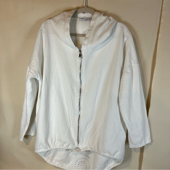 Tempo Paris White 3/4 Sleeve Zip-Up Hoodie With‎ Back Design M-L Made in Italy - Picture 1 of 12